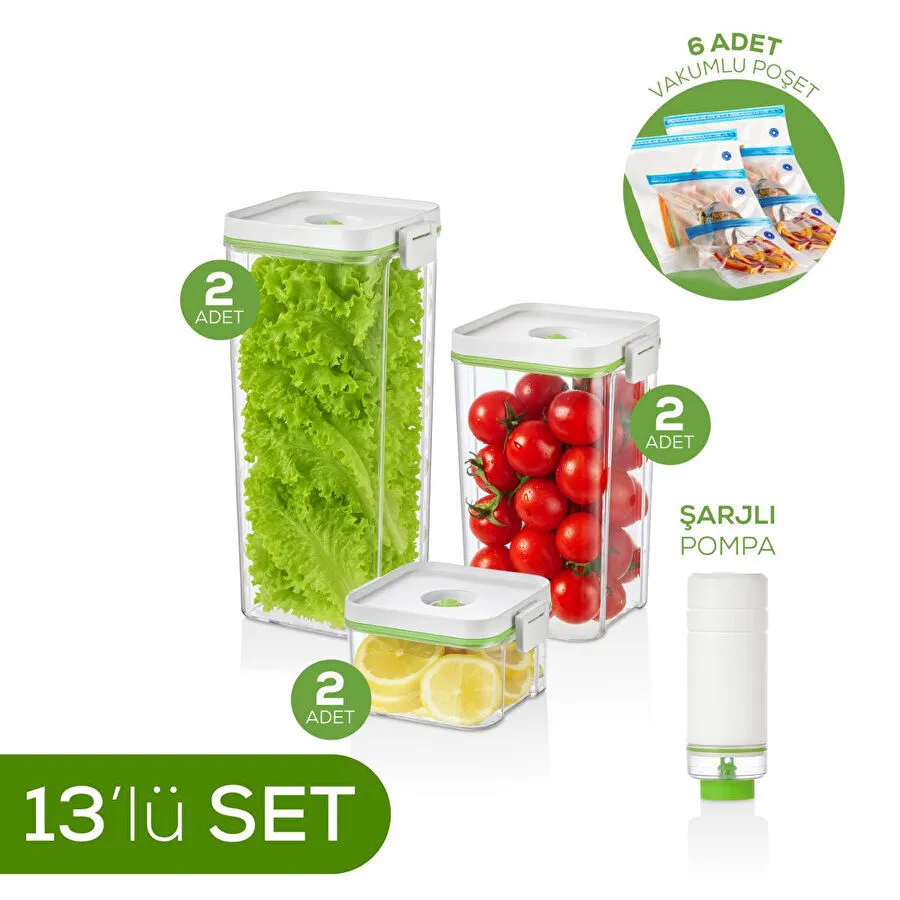 Vienev 13'lü Vakumlu Saklama Kabı Seti | 2x(2 Lt-1,3 Lt-0,5 Lt) Kap + Şarjlı Pompa + 6x Vakumlu Poşet