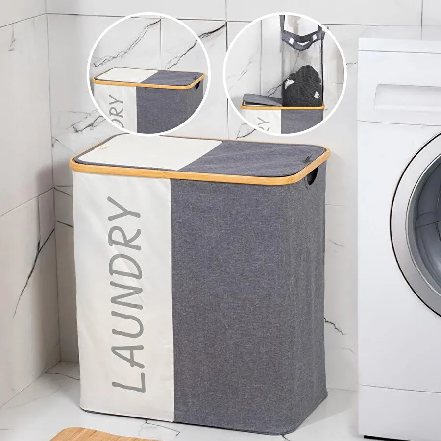 Vienev İki Bölmeli Çamaşır Sepeti - Çift File Torbalı