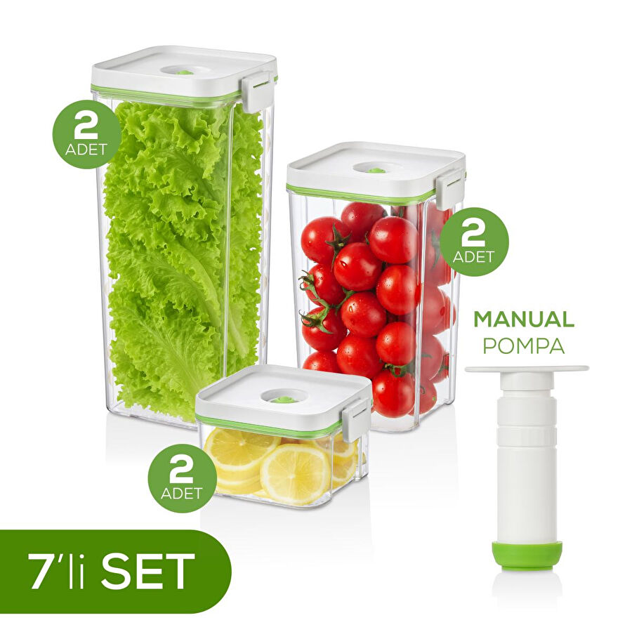 Vienev 7'li Vakumlu Saklama Kabı Seti | 2x(2 Lt-1,3 Lt-0,5 Lt) Kap + Manuel Pompa