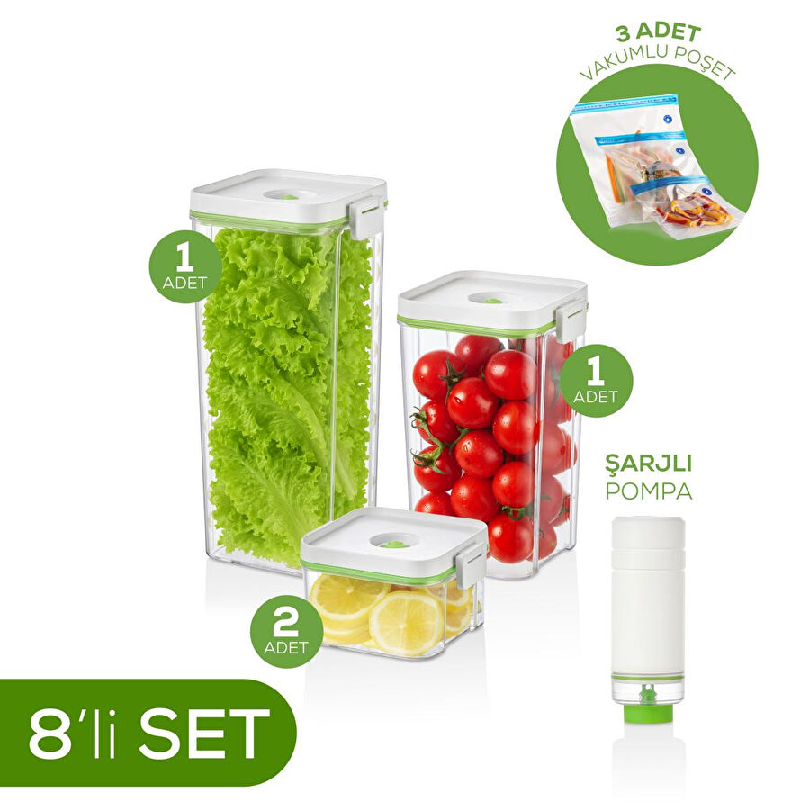 Vienev 8'li Vakumlu Saklama Kabı Seti | 1x(2 Lt-1,3 Lt) 2x(0,5 Lt) Kap + Şarjlı Pompa + 3x Vakumlu Poşet
