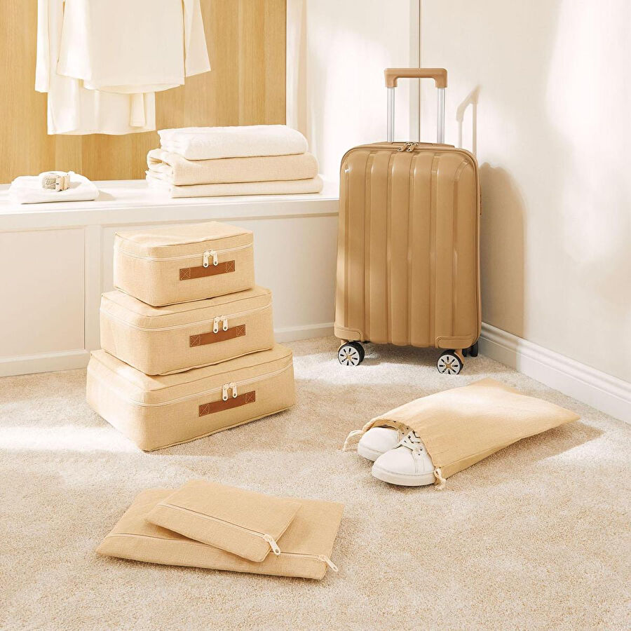 Ocean Home Textile 6'lı Jüt Keten Kumaş Bavul İçi Düzenleyici Set