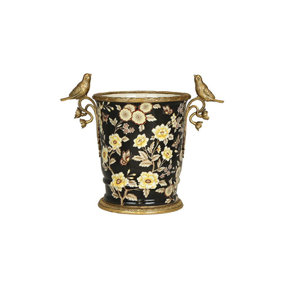 Lucky Art Siyah Cicekli Porselen Vazo 31 Cm