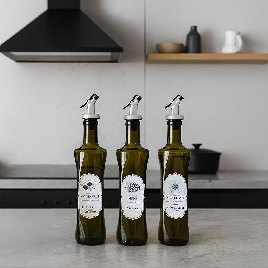 Vienev 3'lü Set Etiketli Yeşil Cam Şişe Sirke,zeytinyağı,ayçiçek Yağı Seti 500 Ml