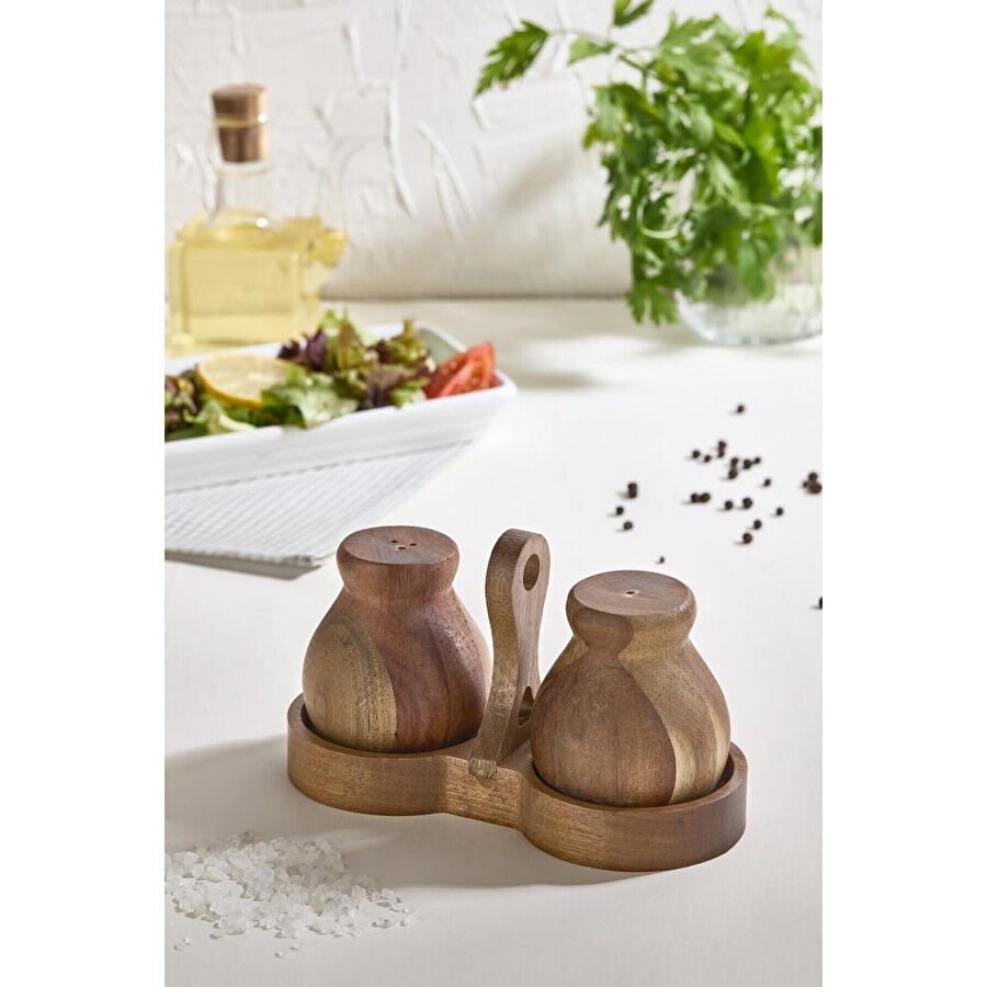 Lora Bianca Akasya Ahşap Tuzluk & Biberlik Seti Kahverengi