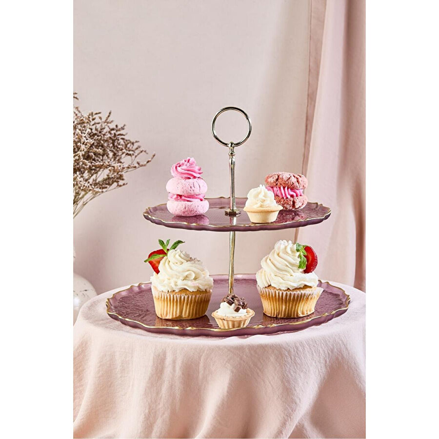 Lora Bianca Goblen Mürdüm Renk 2 Katlı Pasta/kurabiyelik/şekerlik Sunum Standı Mürdüm