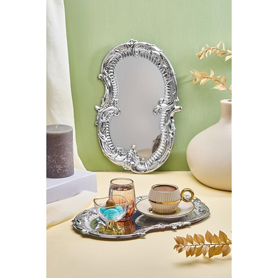 Lora Bianca Desenli Paslanmaz Çelik 6’lı Gümüş Kahve, Çay, Dekoratif Sunum Servis Nişan Tepsisi Gümüş