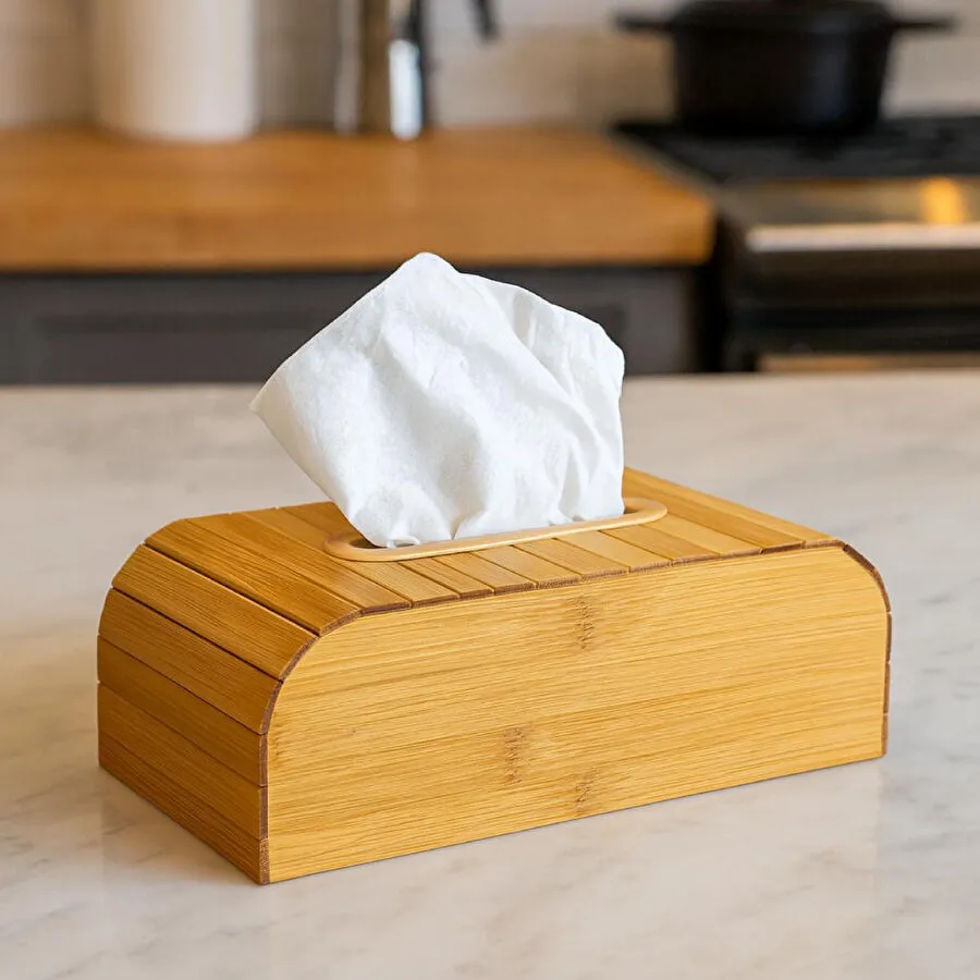 Vienev Ahşap Dikdörtgen Peçetelik – Doğal Ahşap Desenli Dekoratif Mendil Kutusu Ams1120