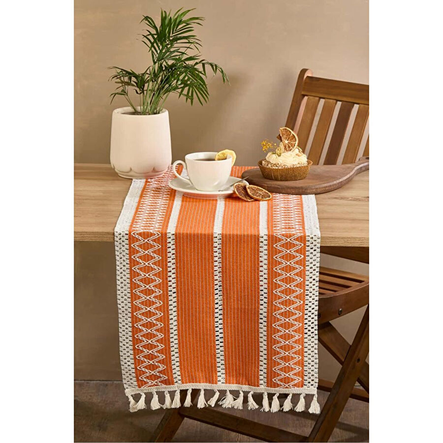 Lora Bianca Rustique Turuncu Pamuk Masa Örtüsü Runner 35x145 Cm Turuncu