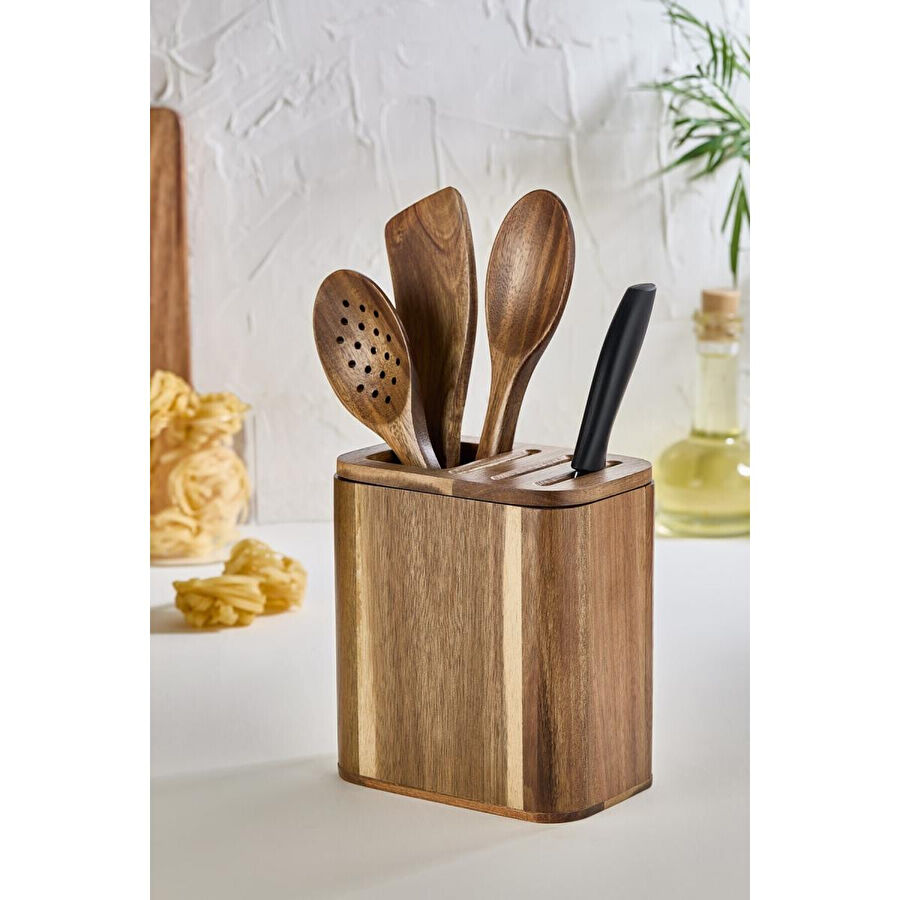 Lora Bianca Akasya Ahşap Tezgah Üstü Kaşıklık - Bıçaklık Düzenleyici Ve Kaşık Seti Kahverengi