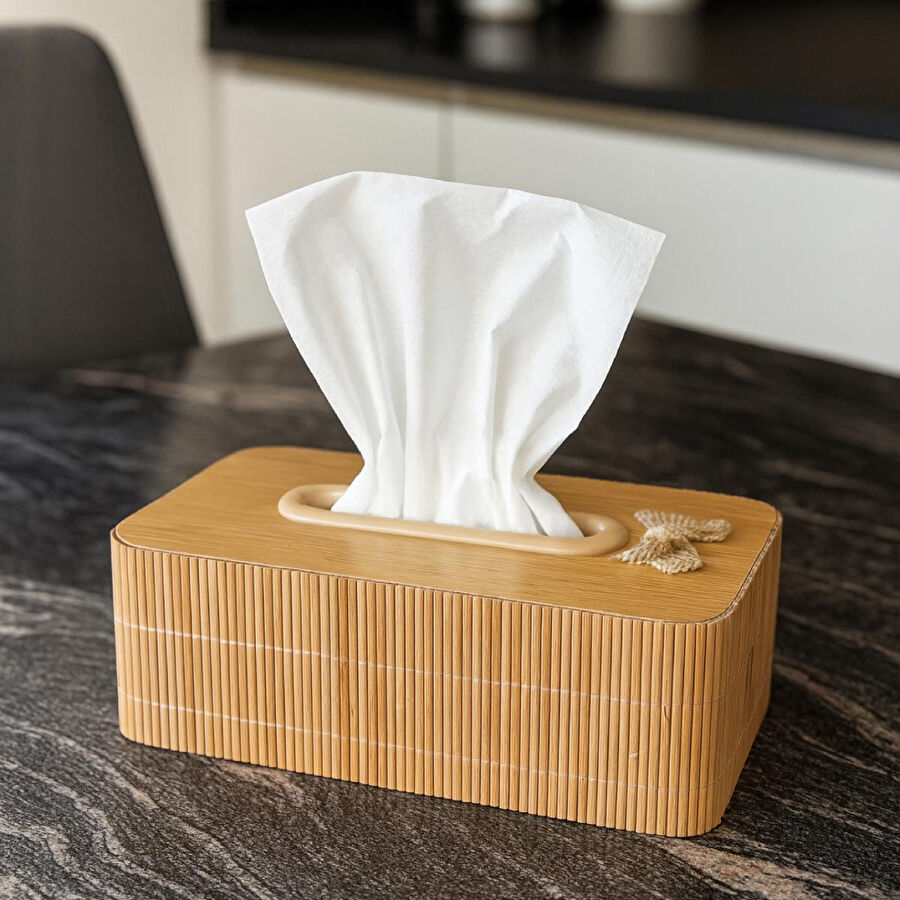 Vienev Ahşap Dikdörtgen Peçetelik – Doğal Ahşap Desenli Dekoratif Mendil Kutusu Ams1081