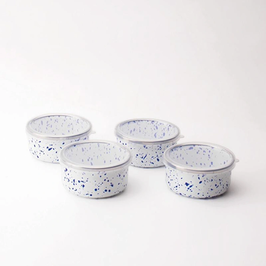 Emaylab Speckles Emaye 4’lü Kapaklı Çerezlik, Kahvaltılık, Reçellik, Zeytinlik, Sunumluk Seti 8cm 200 Ml