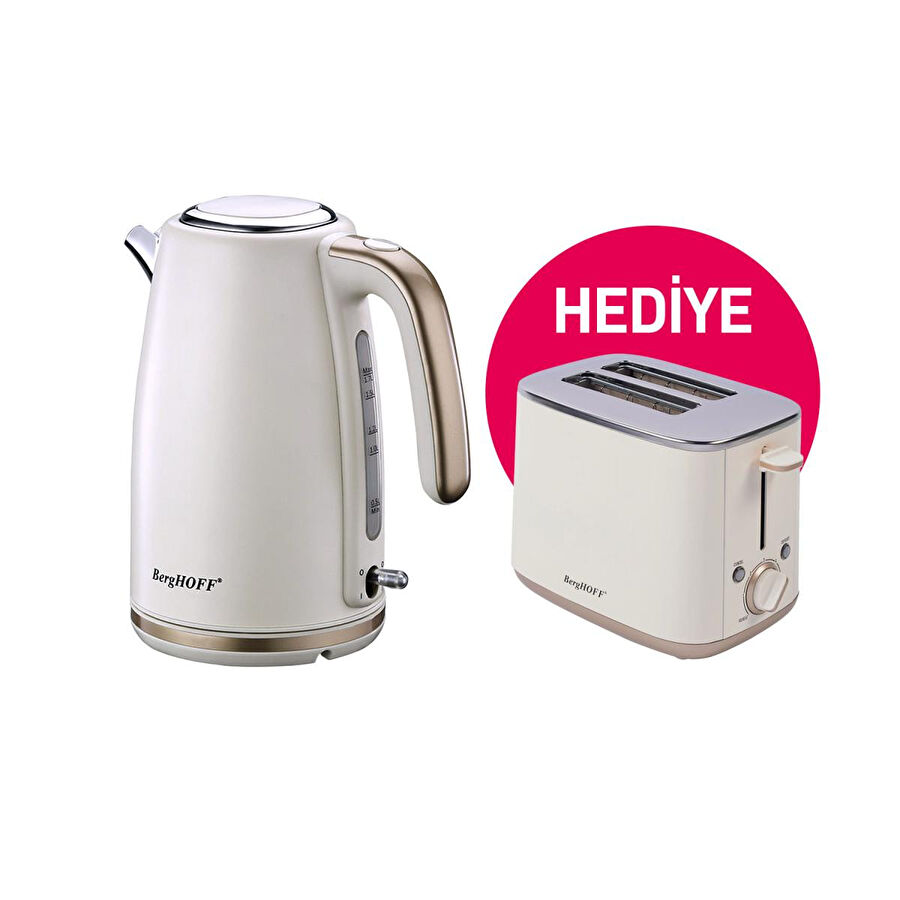 Berghoff Gem Pearl 1.7 Litre Vanilya Krem Rengi Gold Modern Su Isiticisi Ve Berghoff Ekmek Kizartma Makinesi