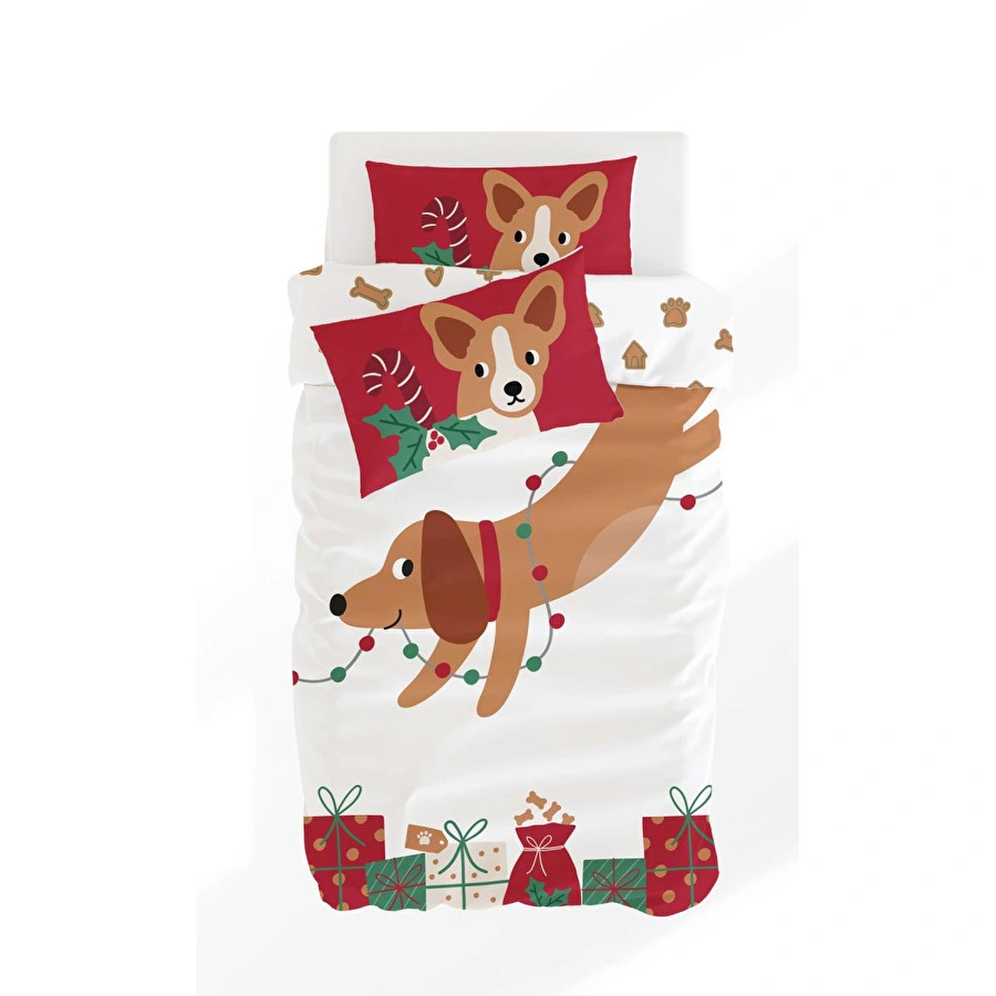 Itsy Bitsy Kids Çift Taraflı Organik Tek Kişilik Çocuk Nevresim Takımı - Yeni Yıl Desenli - Woofy Dreams Serisi