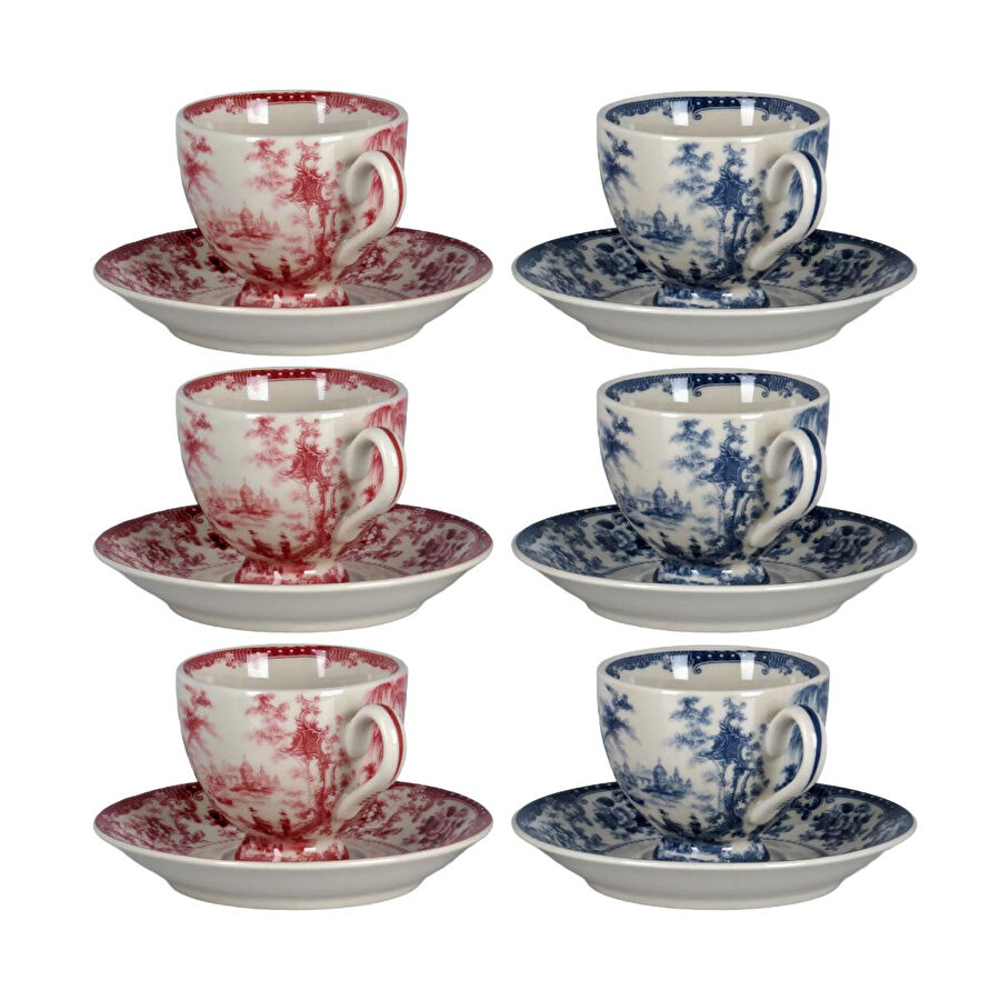 Lucky Art Florantine 6li Ayakli Kahve Fincani Seti Kirmizi-mavi