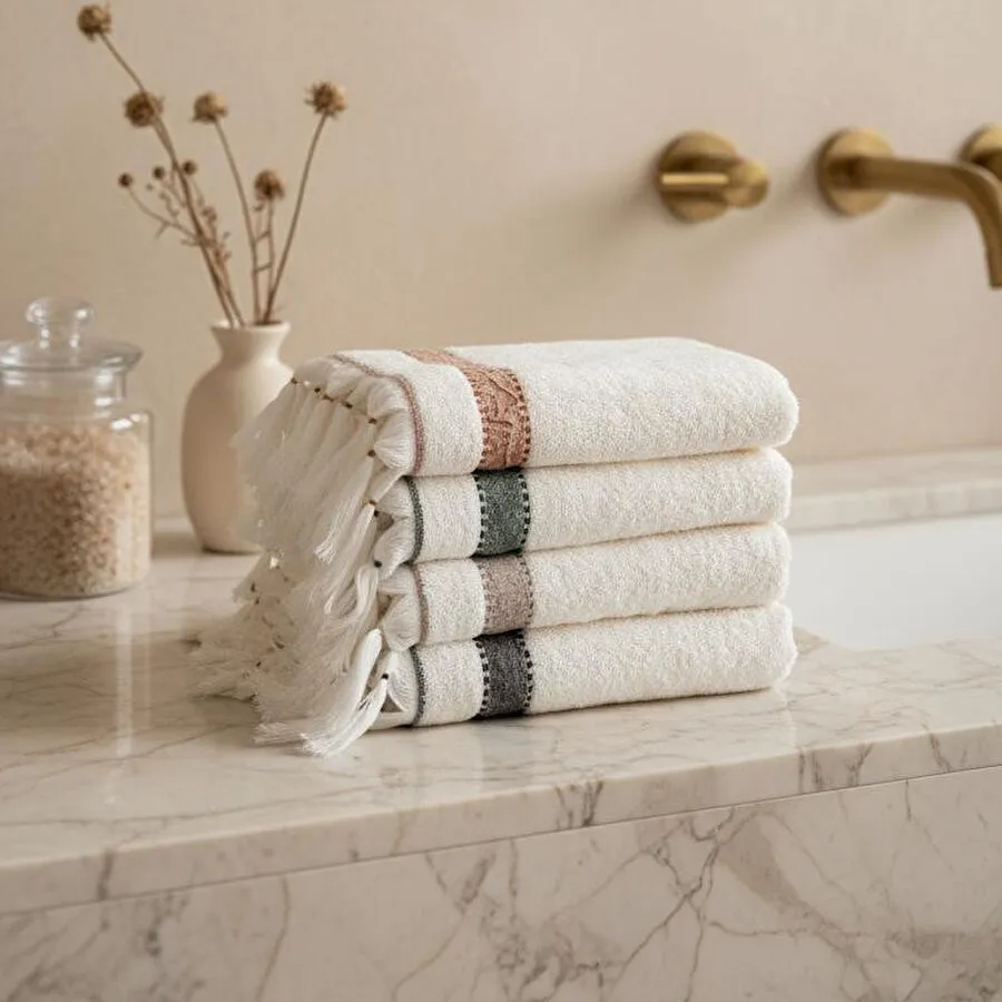 Green Black Galya 4'lü El Yüz Havlusu %100 Organik Kapok Bordürlü 50x90 Cm