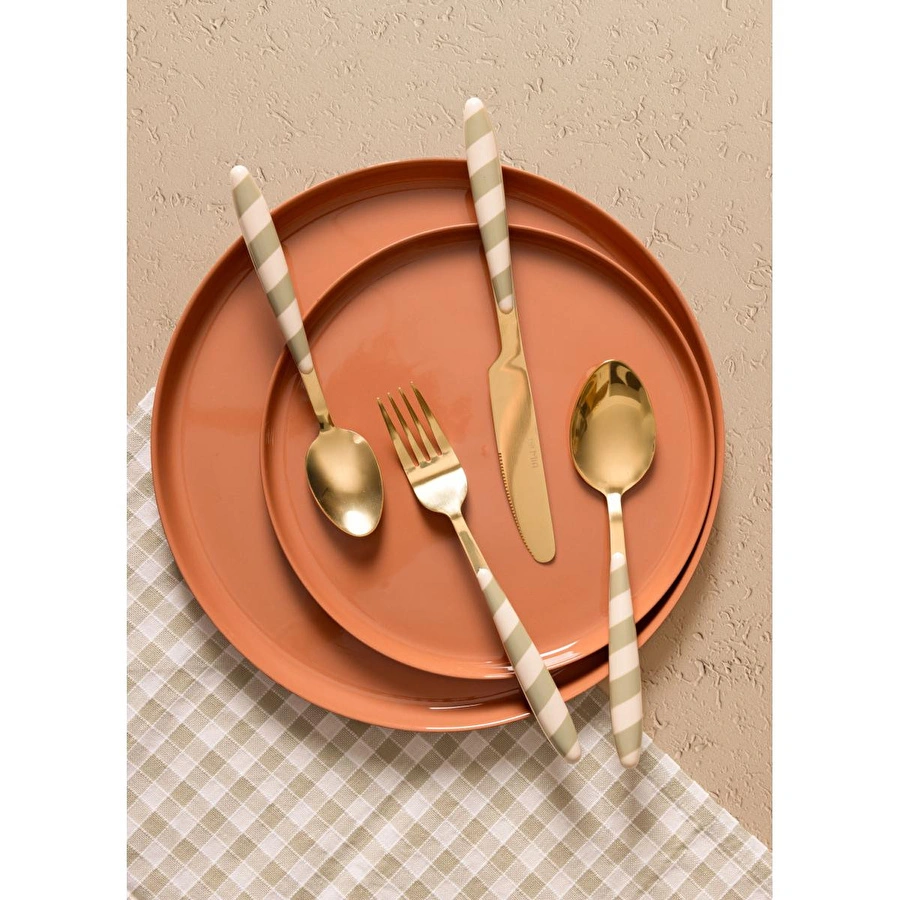 The Mia Joy Çatal Kaşık Bıçak Takımı Yeşil Gold 24 Parça