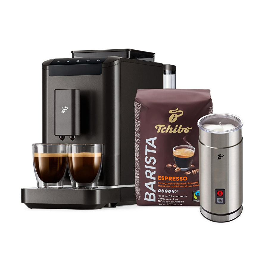 Tchibo Esperto 2 Caffè Tam Otomatik Kahve Makinesi, Granit Black & Elektrilkli Süt Köpürtücü, Paslanmaz Çelik & Barista Espresso