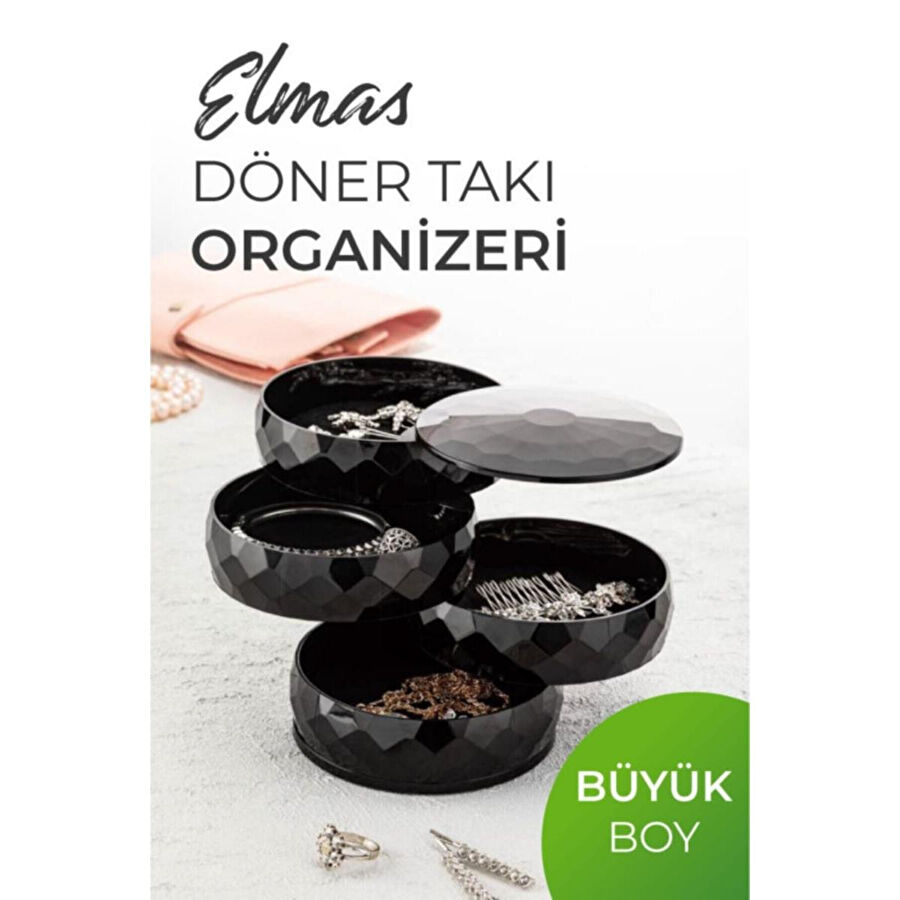 Vienev Elmas 4 Katlı Dönebilen Silindir Takı Organizeri Siyah