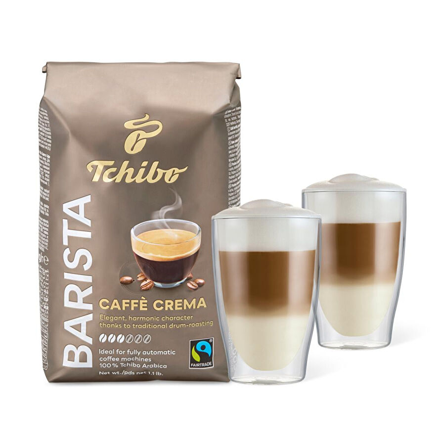 Tchibo Barista Caffè Crema Çekirdek Kahve 500 G & Çift Cidarlı Latte Macchiato Bardağı, 2'li