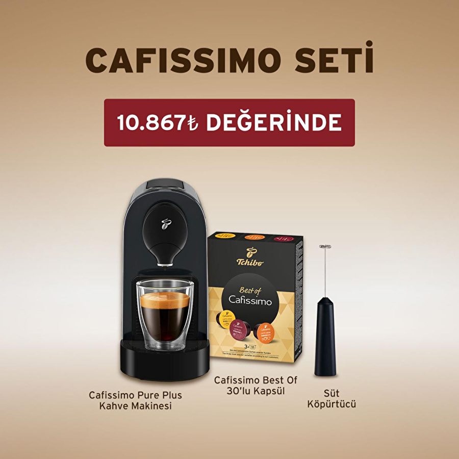 Tchibo Cafissimo Pure Plus Kapsüllü Kahve Makinesi, Siyah & Şarjlı Süt Köpürtücü, Siyah & Cafissimo Best Of 30'lu Kapsül Kahve &