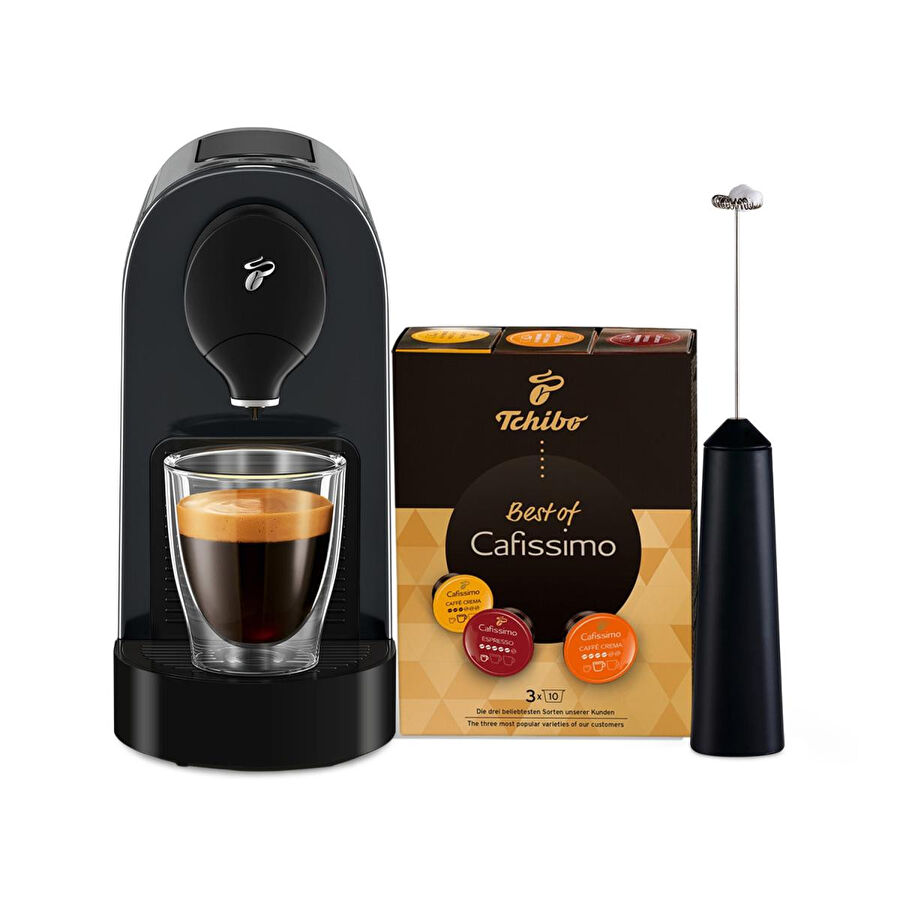 Tchibo Cafissimo Pure Plus Kapsüllü Kahve Makinesi, Siyah & Şarjlı Süt Köpürtücü, Siyah & Cafissimo Best Of 30'lu Kapsül Kahve &