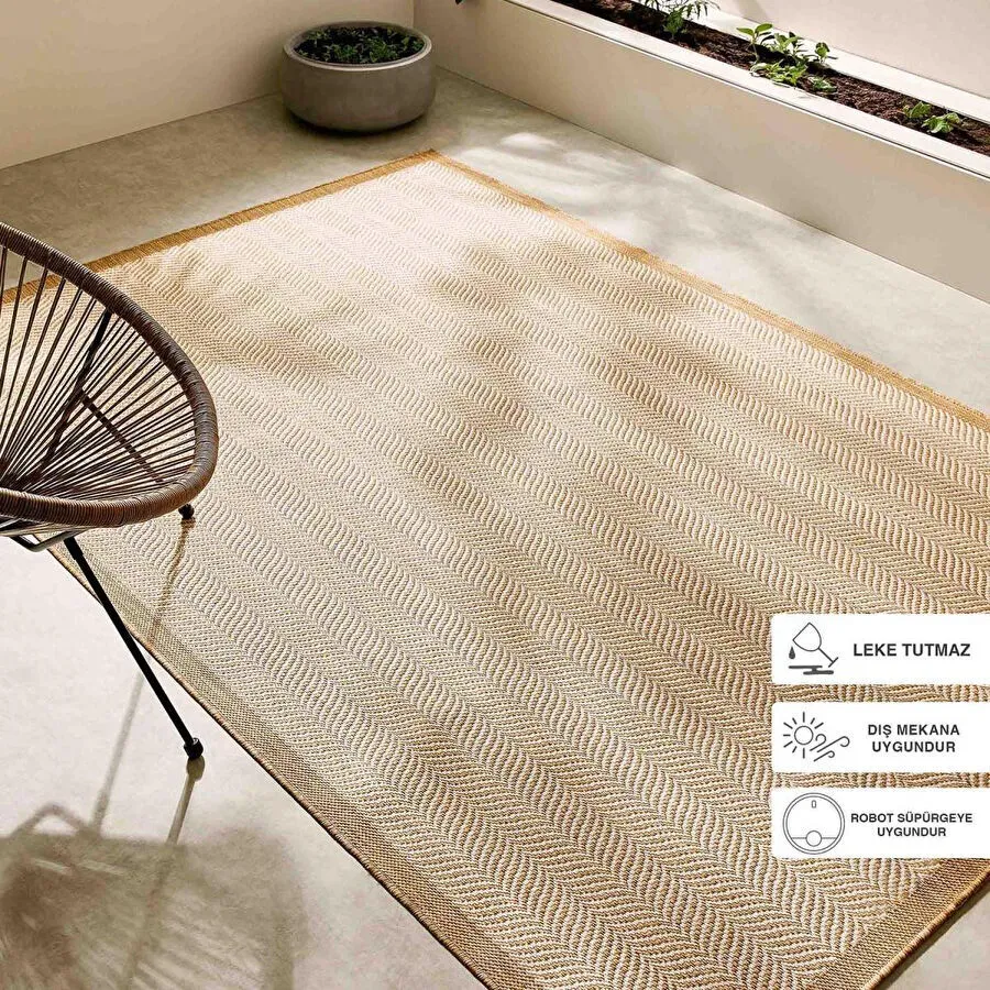 Ocean Home Textile Leke Tutmaz İç Dış Mekan Bej Renk Balıksırtı Halı Kilim 160 X 230 Cm