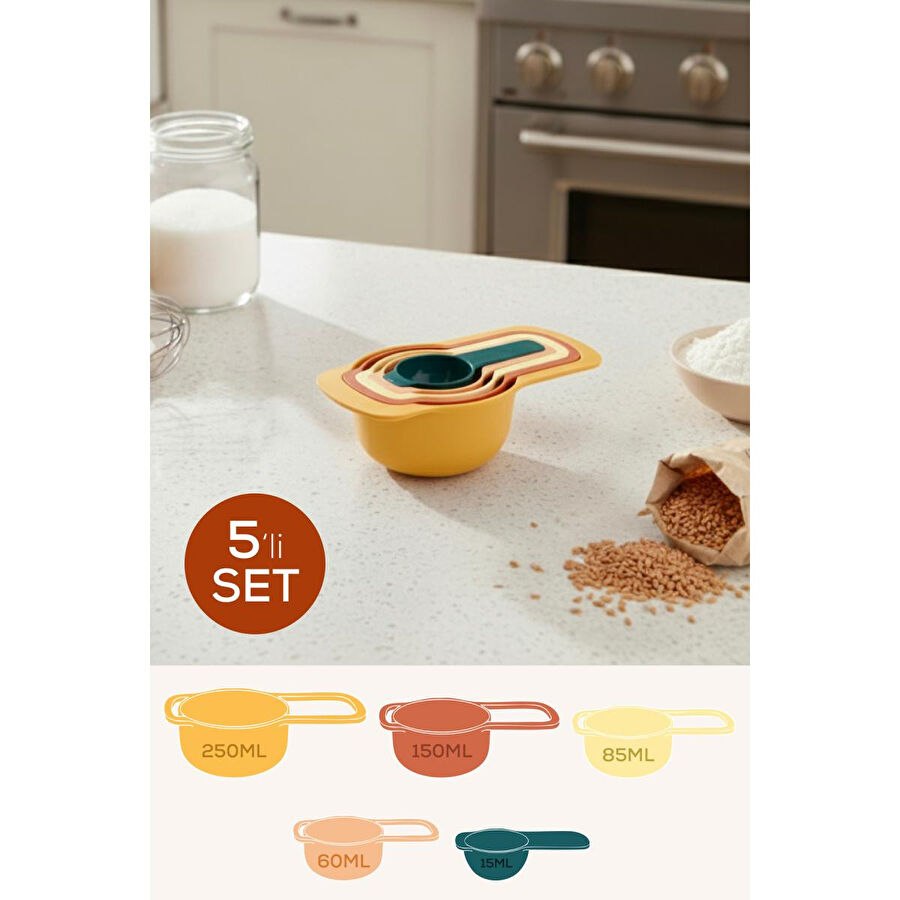 Vienev 5’li Renkli Ölçü Kaşığı Seti Toprak Renkli – (15-60-85-150-250 Ml) | Mutfak Ölçü Seti