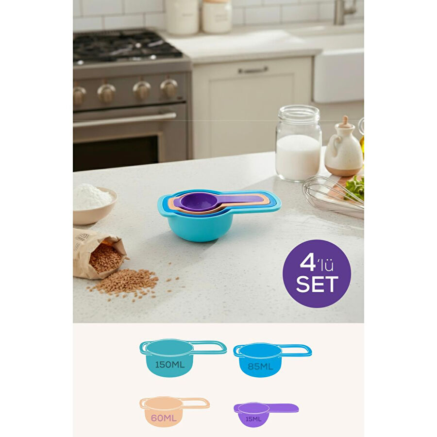 Vienev 4'lü Renkli Ölçü Kaşığı Seti Çok Renkli – (15-60-85-150 Ml) | Mutfak Ölçü Seti