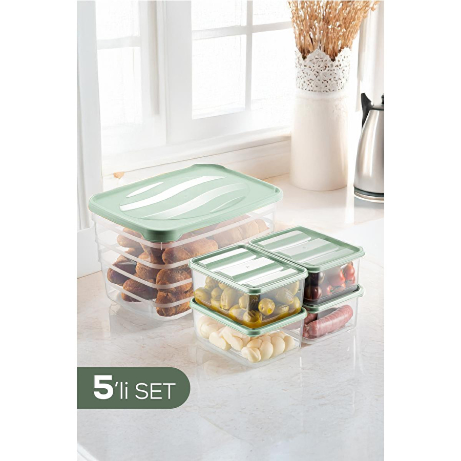 Vienev 5'li Set Dondurucu Ve Mikrodalgaya Uygun Buzdolabı Düzenleyici 1x(5 Litre) 4x(775 Ml) Mint Yeşili