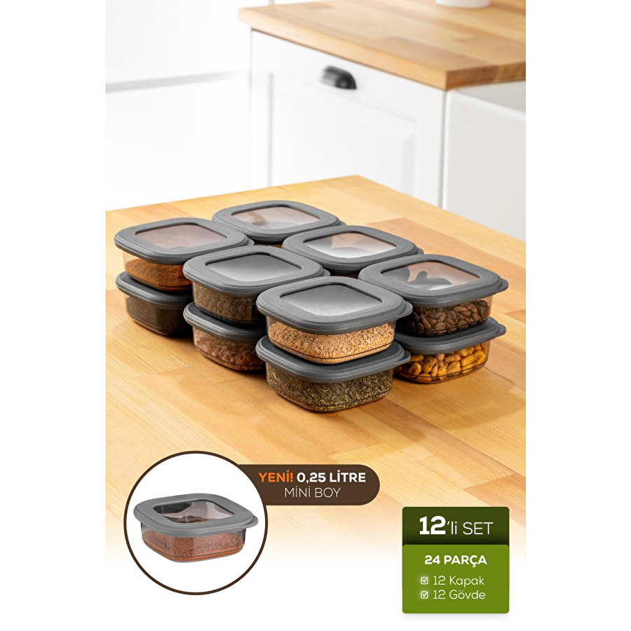 Vienev 12'li Etiketli Lux Hava Geçirmez Erzak Ve Baharat Saklama Kabı Seti 0,25 Lt Antrasit Antrasit