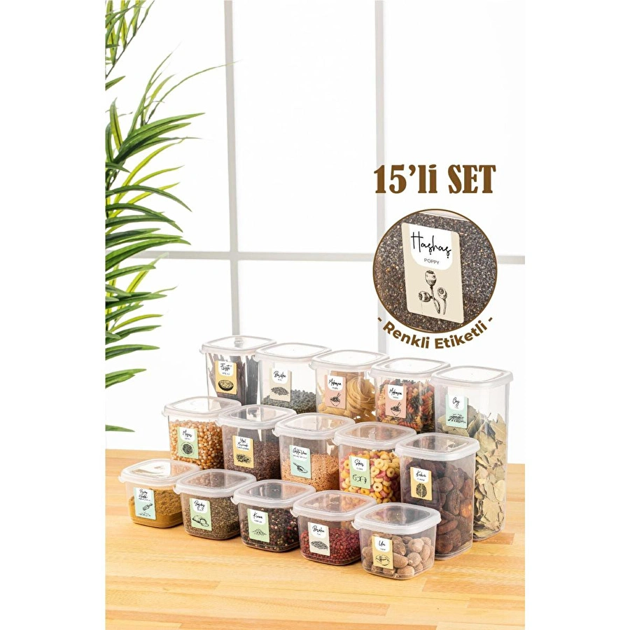 Vienev Renkli Etiketli 15li Peggy Kare Erzak Saklama Kabı 5x(0,55 Litre, 1,2 Litre, 1,75 Litre) Beyaz