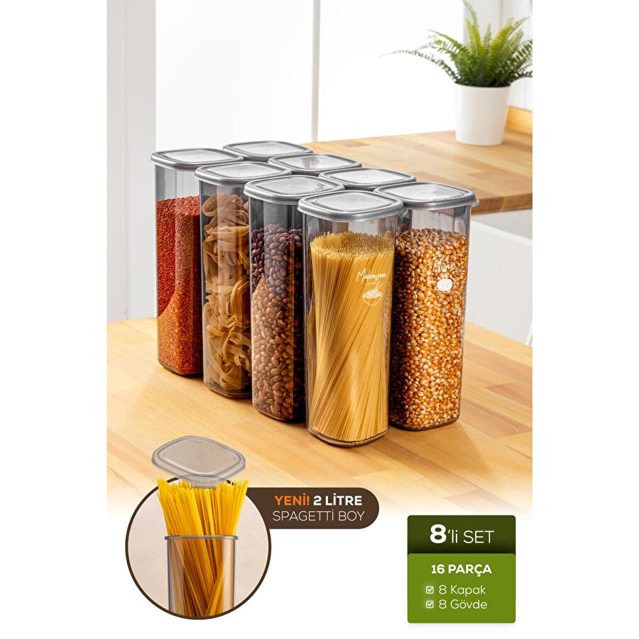 Vienev 8'li Etiketli Hava Geçirmez Erzak Saklama Kabı Seti 2 Lt Antrasit Antrasit