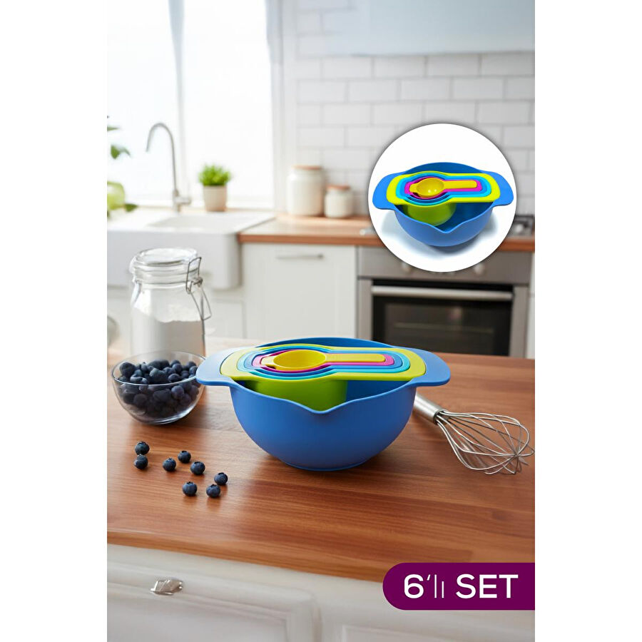 Vienev Renkli 6 Parça İç İçe Geçen Ölçü Kabı Ve Karıştırma Kasesi Seti | 1000-230-150-85-60-15 Ml