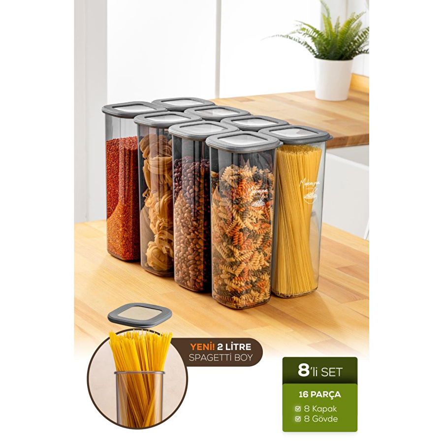 Vienev 8'li Etiketli Lux Hava Geçirmez Erzak Saklama Kabı Seti 2 Lt Antrasit Antrasit