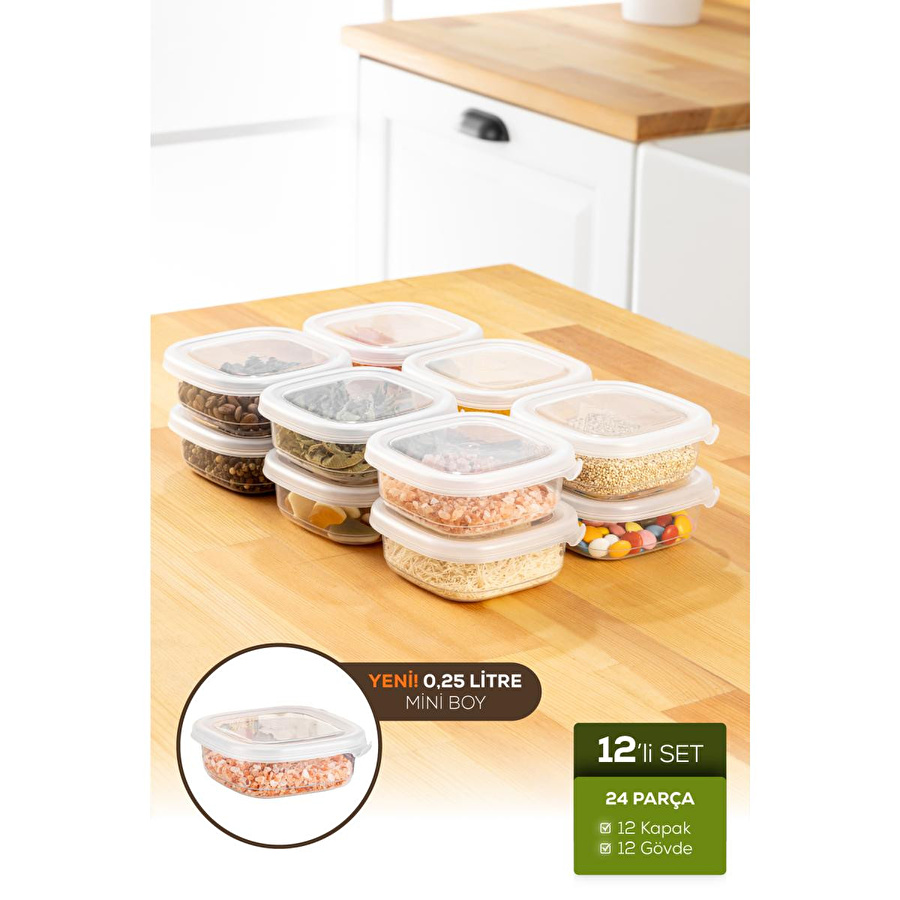 Vienev 12'li Etiketli Hava Geçirmez Erzak Ve Baharat Saklama Kabı Seti 0,25 Lt Beyaz