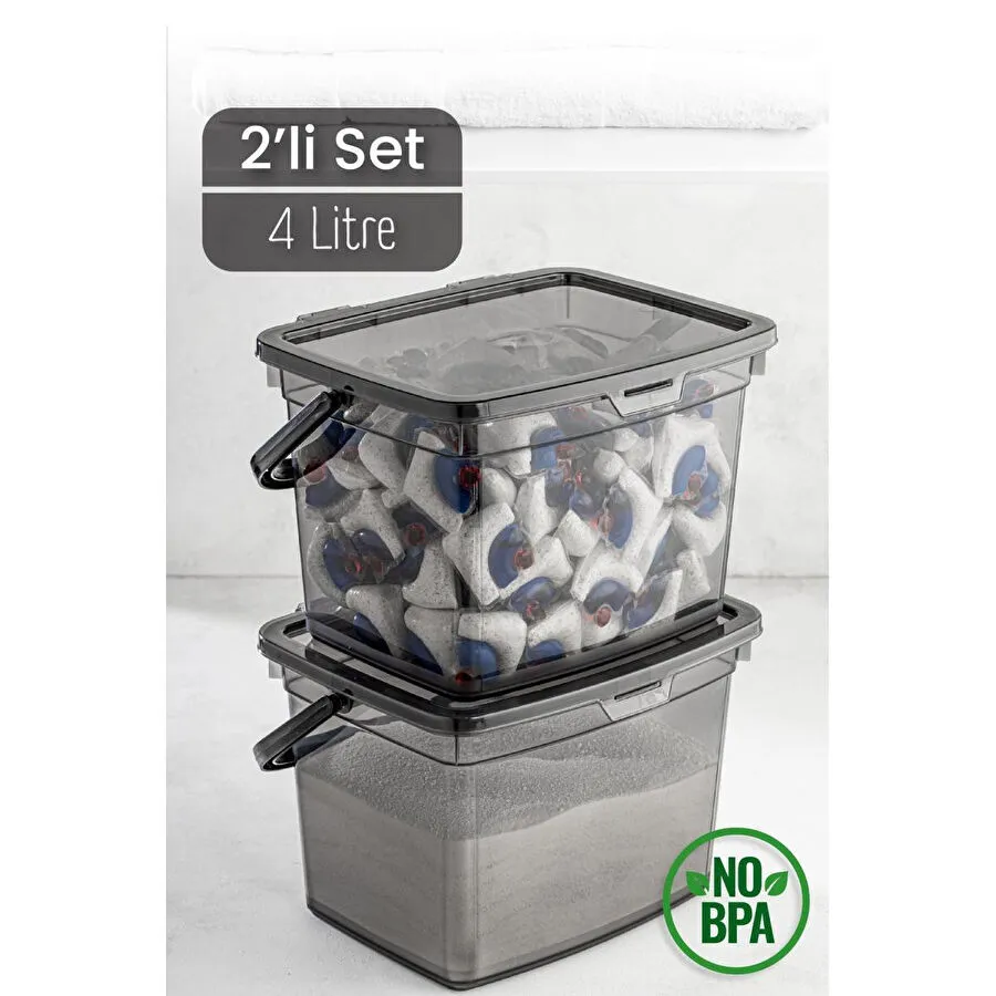 Vienev 2li 4 Litre Toz Tablet Deterjan Saklama Kabı - Deterjan Kutusu, Toz Tablet Deterjan Kabı Antrasit