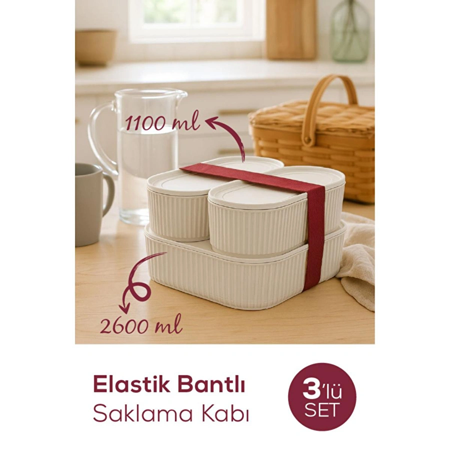 Vienev 3'lü Elastik Bantlı İstiflenebilir Pratik Saklama Kabı Seti 2x 1100 Ml 1x 2600 Ml Bej