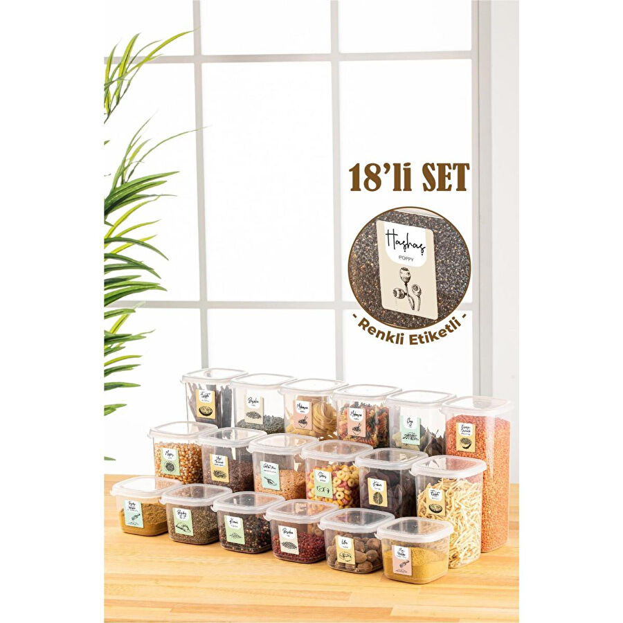 Vienev Renkli Etiketli 18li Peggy Kare Erzak Saklama Kabı 6x(0,55 Litre, 1,2 Litre, 1,75 Litre) Beyaz