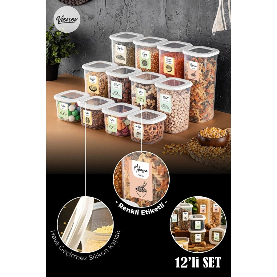 Vienev 12li Set Renkli Etiketli Kare Erzak Kabı 4x(0,55 Litre, 1,2 Litre, 1,75 Litre) Beyaz