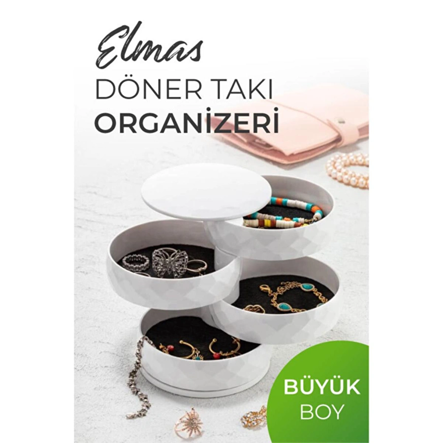 Vienev Elmas 4 Katlı Dönebilen Silindir Takı Organizeri Beyaz
