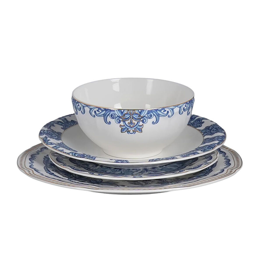 Lucky Art Florance Mavi&beyaz Desenli New Bone China Porselen 24 Parça Yemek Takımı
