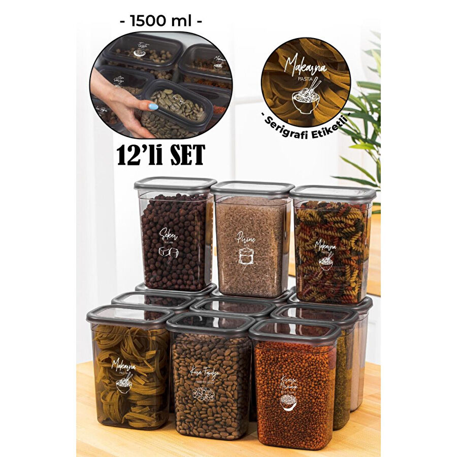 Vienev Beyaz Serigrafi Etiketli 12li Peggy Dikdörtgen Saklama Kabı Seti 1500 Ml Antrasit