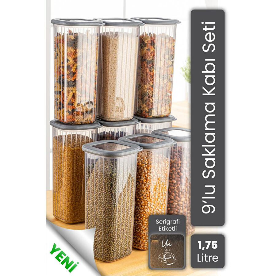 Vienev 9'lu 1,75 Litre Poly Kapak Çizgili Desenli Saklama Kabı Antrasit Beyaz Serigrafi Etketli