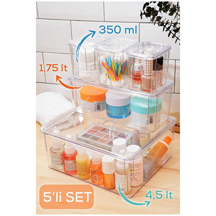 Vienev 5'li Kapaklı Saklama Kabı Seti Çok Amaçlı Saklama Kutusu Beyaz