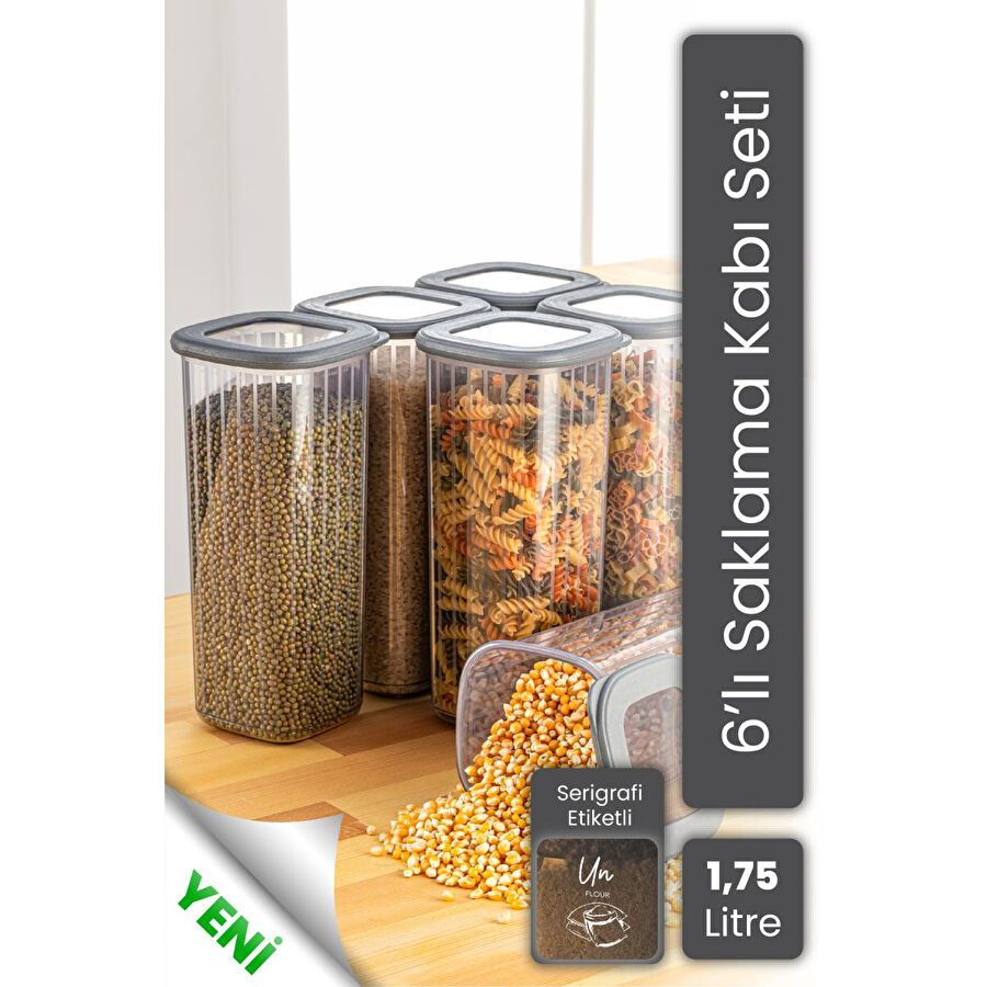 Vienev 6'lı 1,75 Litre Poly Kapak Çizgili Desenli Saklama Kabı Antrasit Beyaz Serigrafi Etketli