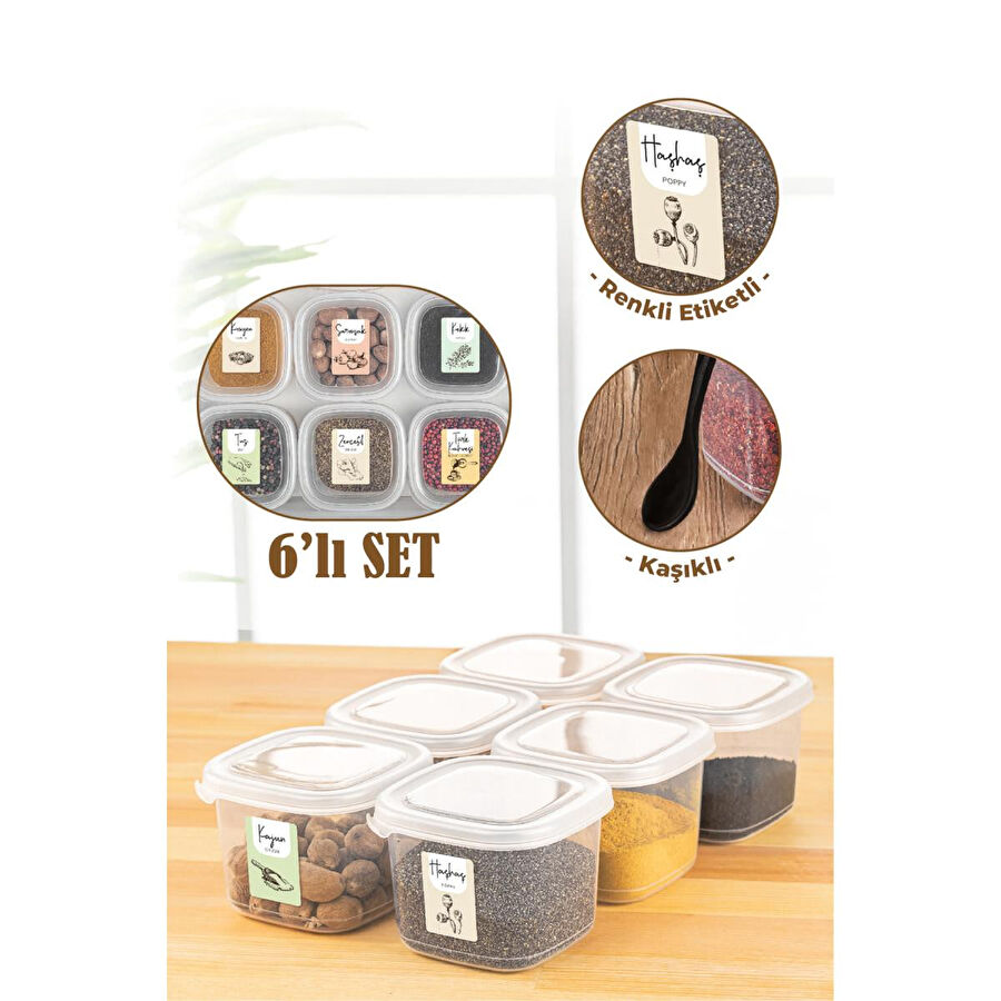 Vienev Renkli Etiketli Kaşıklı 6lı 0,55 Litre Peggy Kare Baharat Saklama Kabı Beyaz