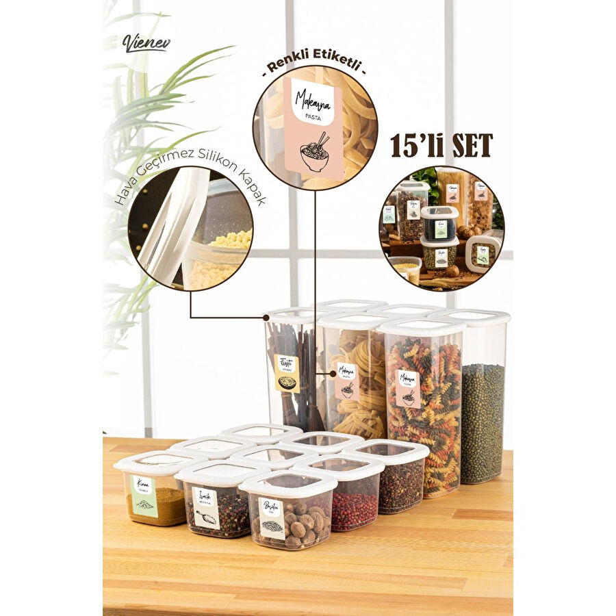 Vienev Renkli Etiketli 15li Foly Kare Erzak Saklama Kabı 9x(0,55 Litre) 6x(1,75 Litre) Beyaz