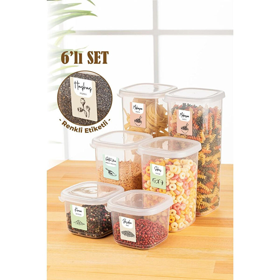Vienev Renkli Etiketli 6lı Peggy Kare Erzak Saklama Kabı 2x(0,55 Litre, 1,2 Litre, 1,75 Litre) Beyaz