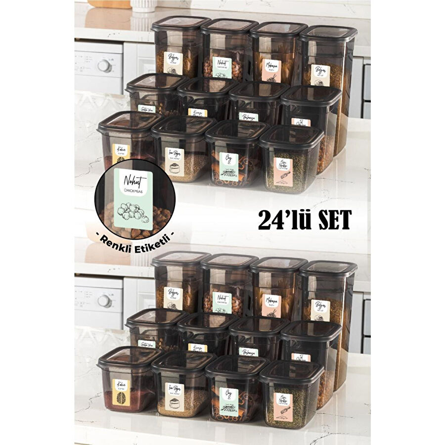 Vienev Renkli Etiketli 24lü Set Peggy Dikdörtgen Saklama Kabı 8x(1,3-2-3,2 Litre) Antrasit