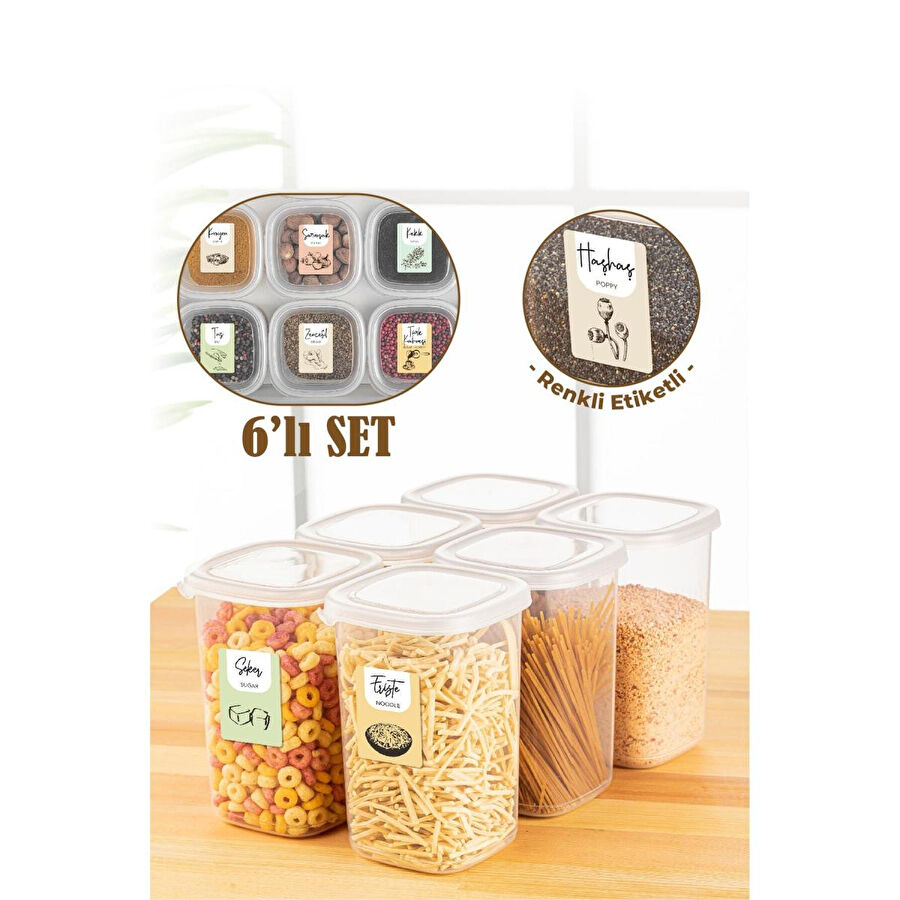 Vienev Renkli Etiketli 6lı 1,2 Litre Peggy Kare Erzak Saklama Kabı Beyaz